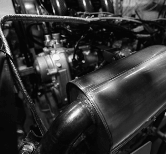 Close-up of the engine exhaust and pipework