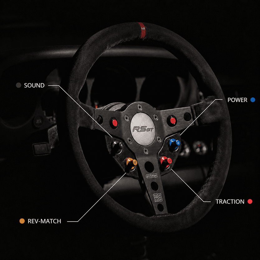 The REEN DRIVE steering wheel and its four controls — Sound, Power, Traction and Rev-Match
